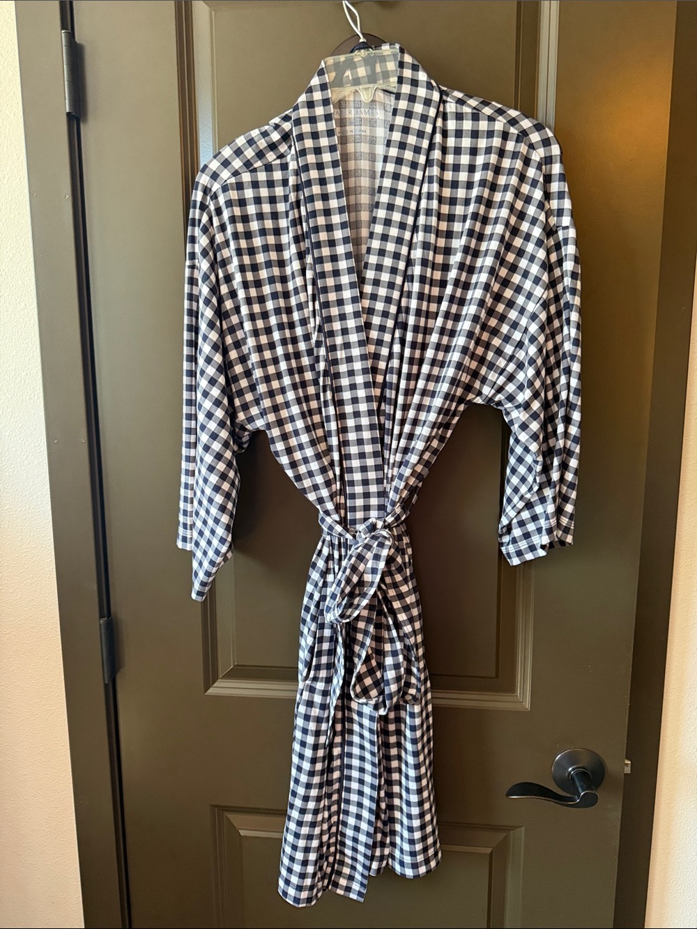 NWOT Draper James Navy & White Gingham Tie-Waist Kimono Robe